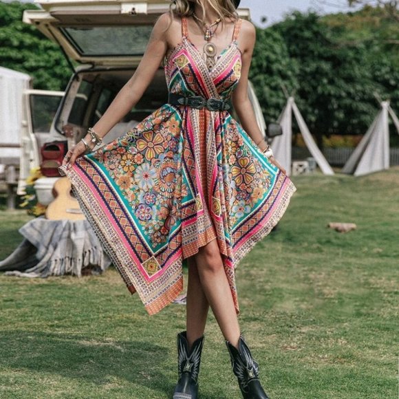 Boho Floral Print Satin Asymmetrical Hem Dress - Picture 6 of 7